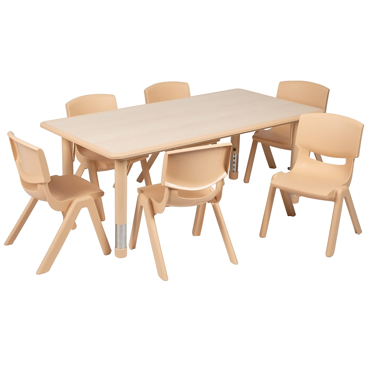 Flash Furniture Emmy Adjustable Classroom Activity Table With 6 Stackable Chairs, Rectangular Plastic Activity Table For Kids, 23.625" W X 47.25" L, Natural